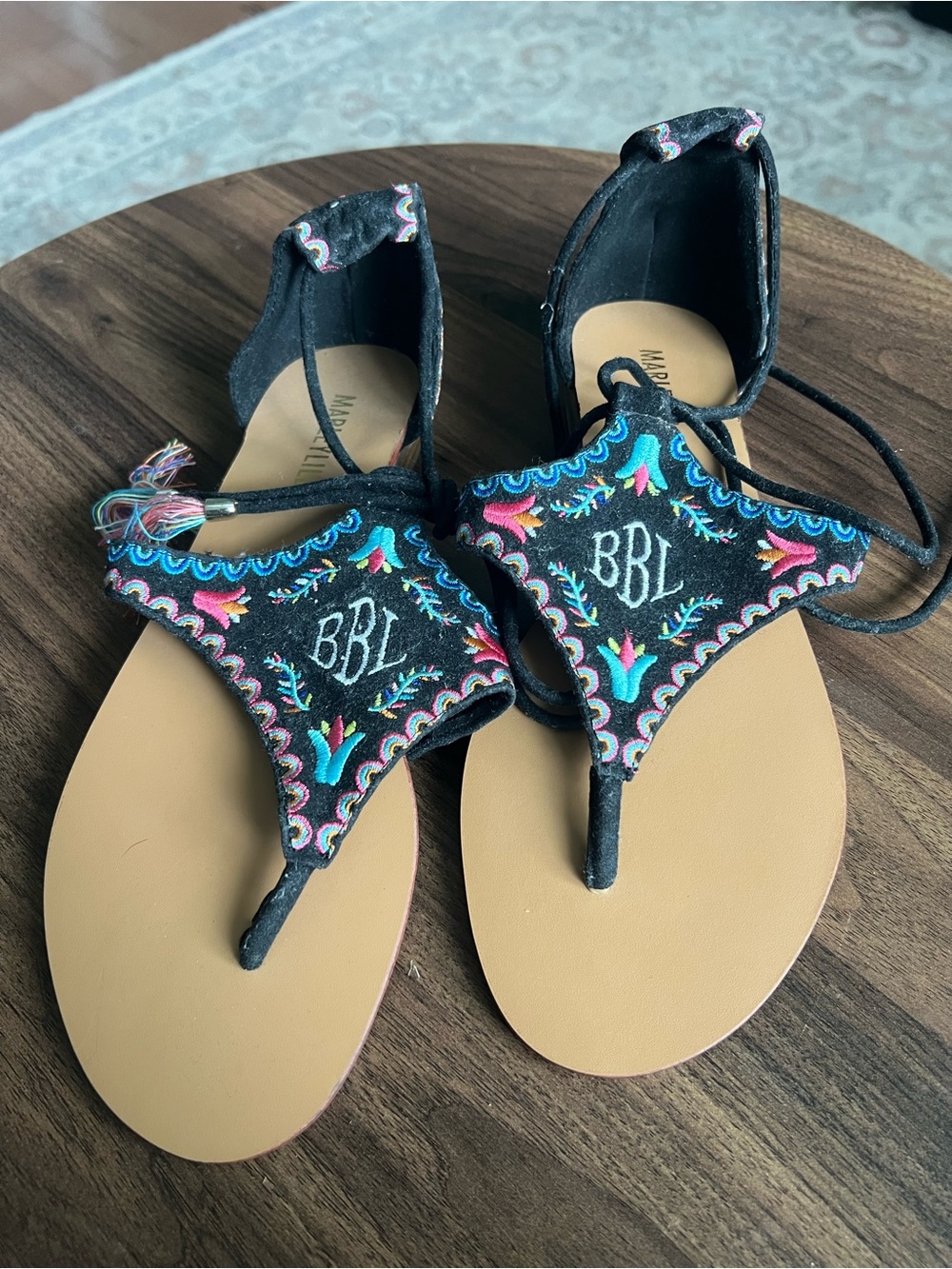 Marley Lily monogram sandals with lace up string and tassels